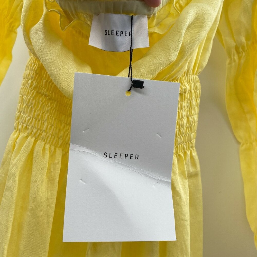 Sleeper Women’s Michelin Linen Midi Dress Lemon Yellow Smocked Puff Sleeve sz L - Picture 8 of 9
